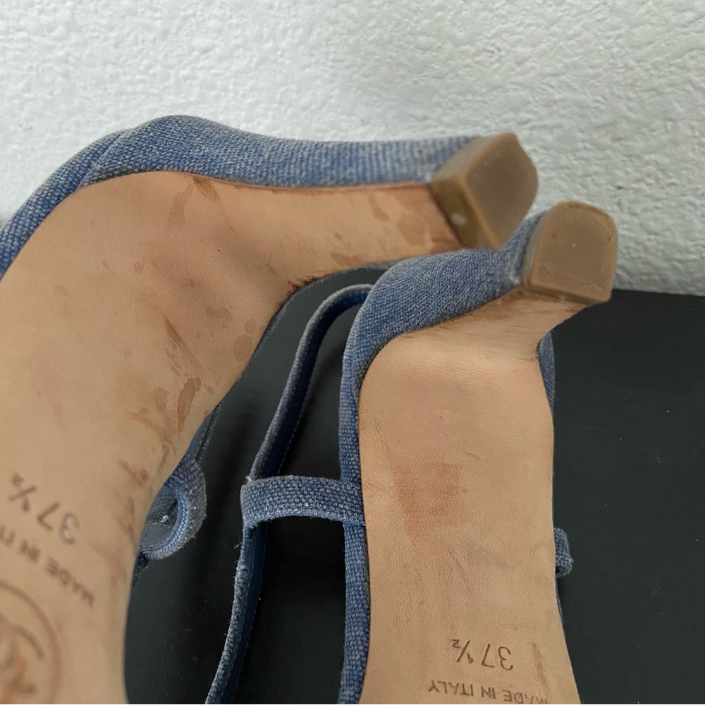 CHANEL Denim Camellia CC Logo Sandals Heels Open Toe Slingback 37.5 - Picture 14 of 16